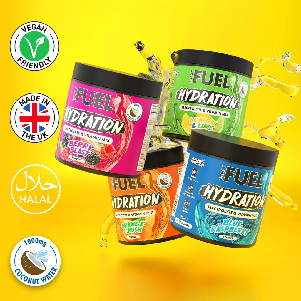 Four containers of Fuel Hydration drinks on a yellow background with branding icons.